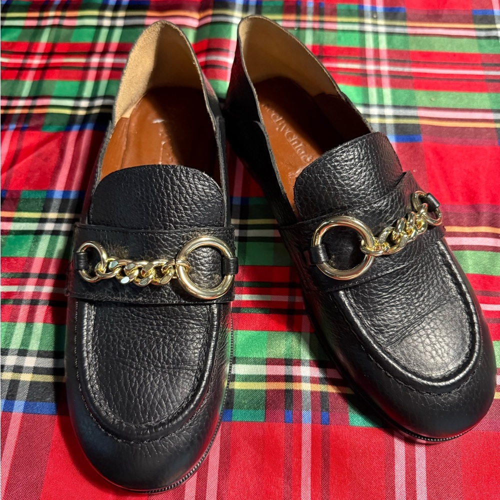 SeeByChloe Black Leather Loafers with Gold Chain Detail